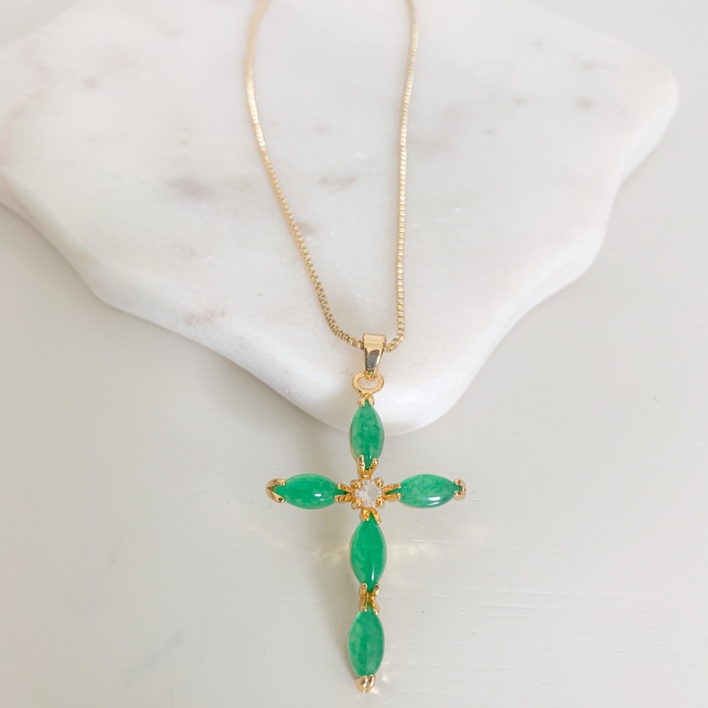 Jade Cross Necklace | 14k Gold Filled - Picture 2 of 7